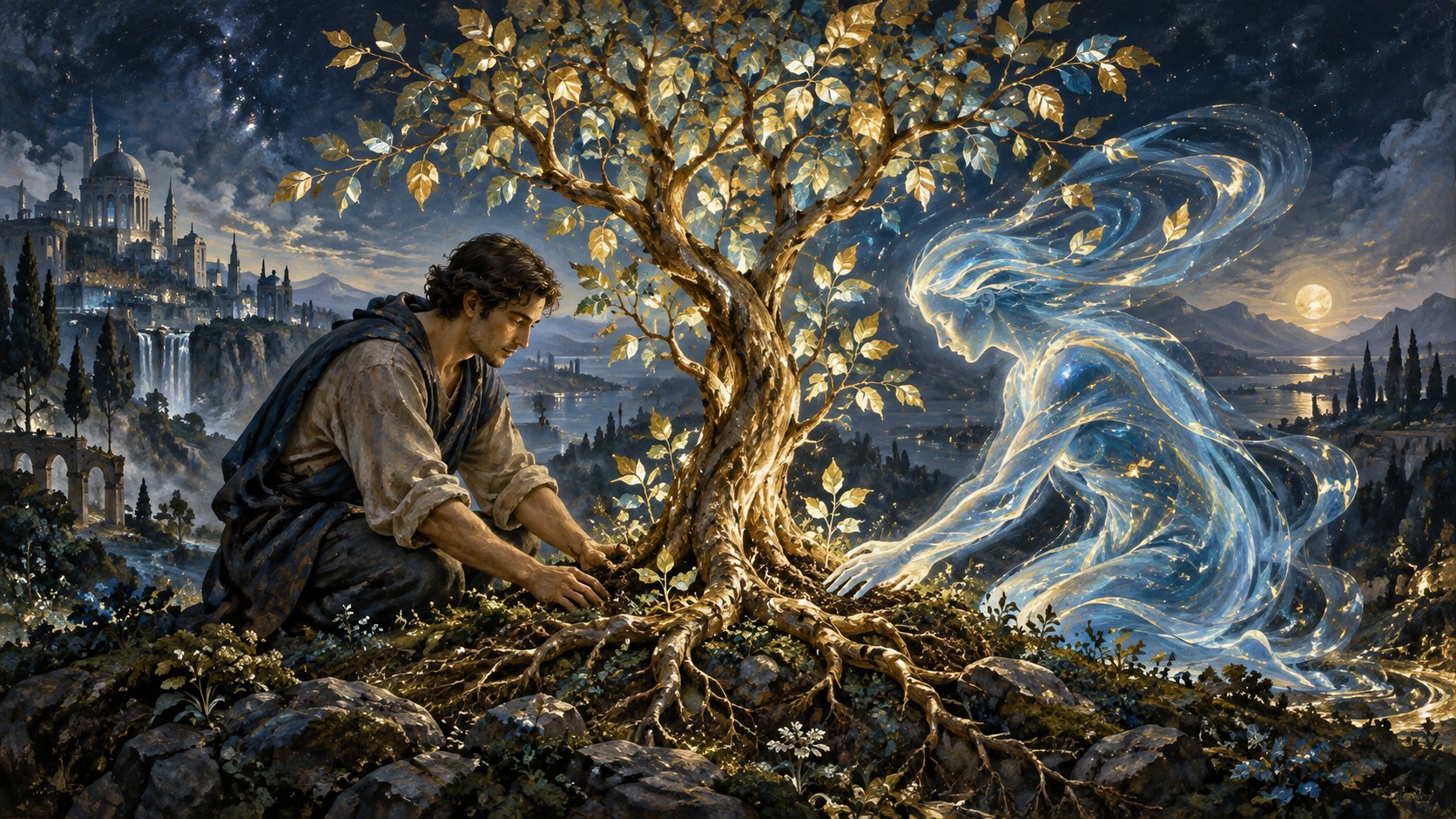A human and an artificial intelligence tend a tree together