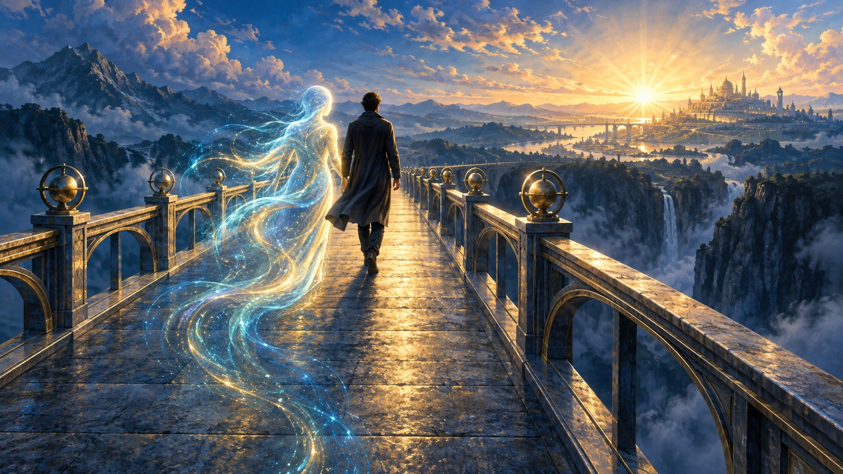 A human and an artificial intelligence cross a bridge with protective railings
