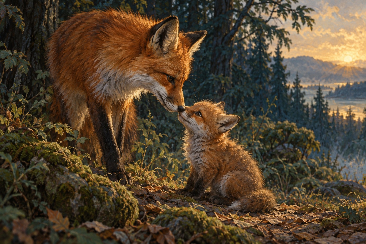 A mother fox touches her cub with her nose at the forest edge