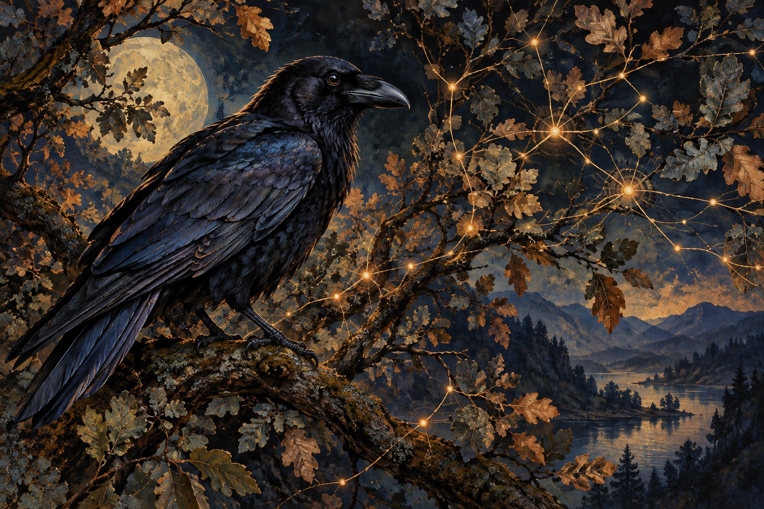 A raven among branches with a symbolic network of connections