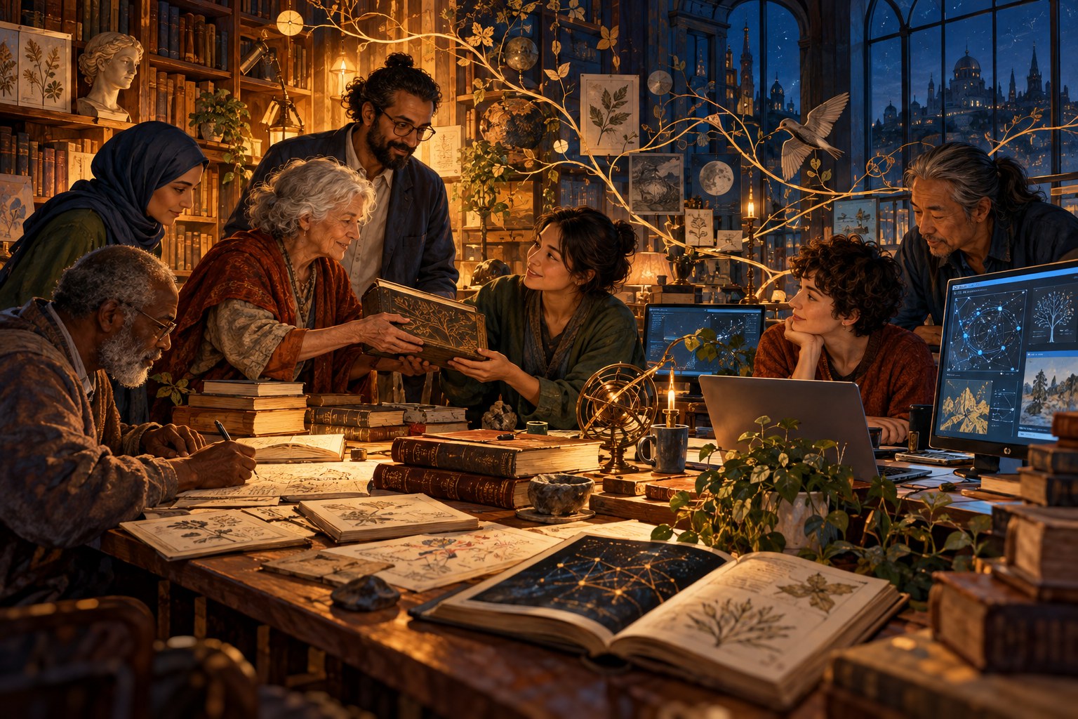 People of different generations share knowledge among books and computers