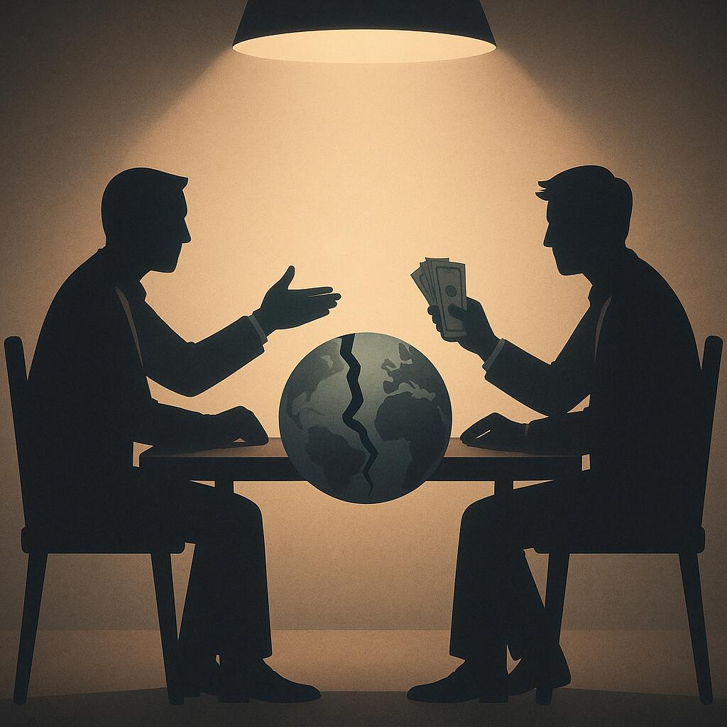 Morality in politics — two figures making a deal, money between them and a split globe symbolizing the collapse of moral principles.