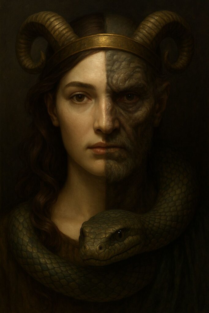 Mesopotamian prototype of the biblical serpent: a dual-faced sacred figure combining feminine and masculine power, with horns and a serpent symbolizing the shift from the serpent-goddess to a male deity