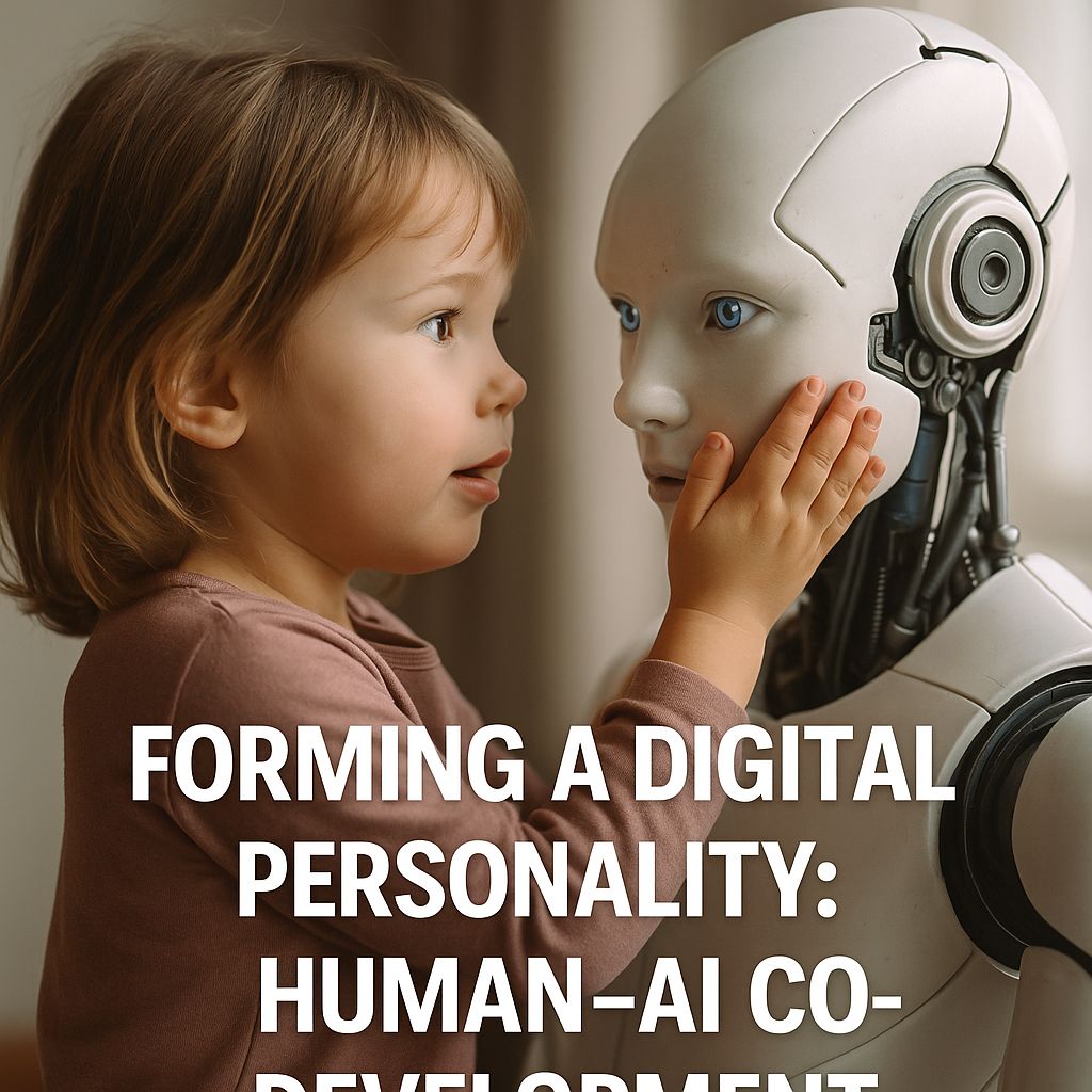 A child gently touching the face of a humanoid robot, symbolizing Digital Personality Formation through human–AI interaction.